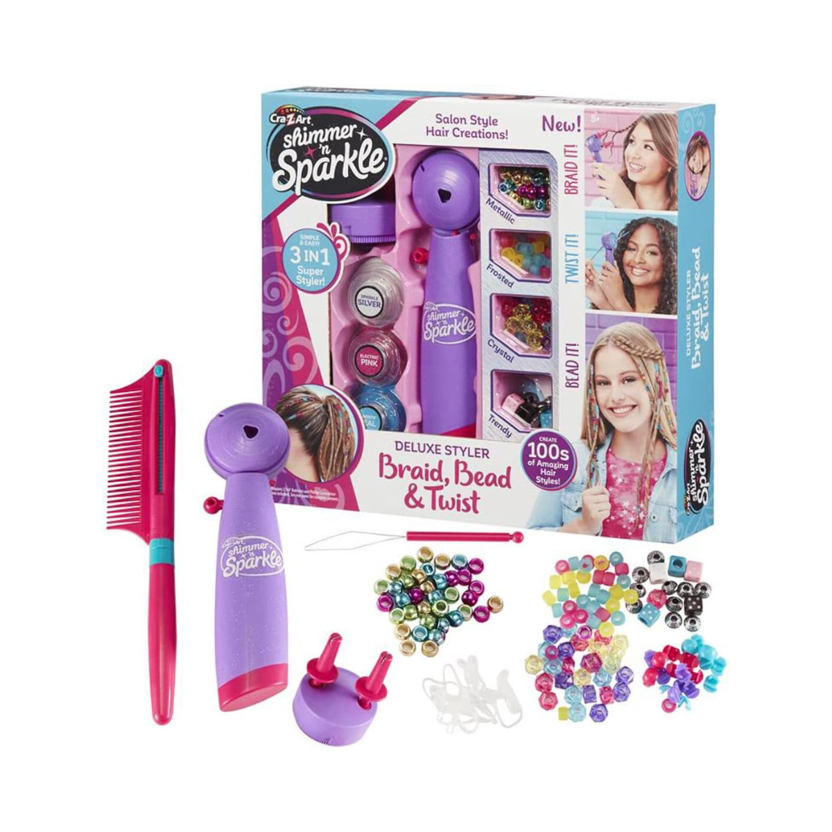 Cra-Z-Art Shimmer N Sparkle Deluxe Styler Braid, Bead & Twist, Hair Braiding Machine for Kids, Hair Styler Twister Toy, Fashion Threads & Accessories for Girls Long Hairs, Ages 8 Year & Up - 65576