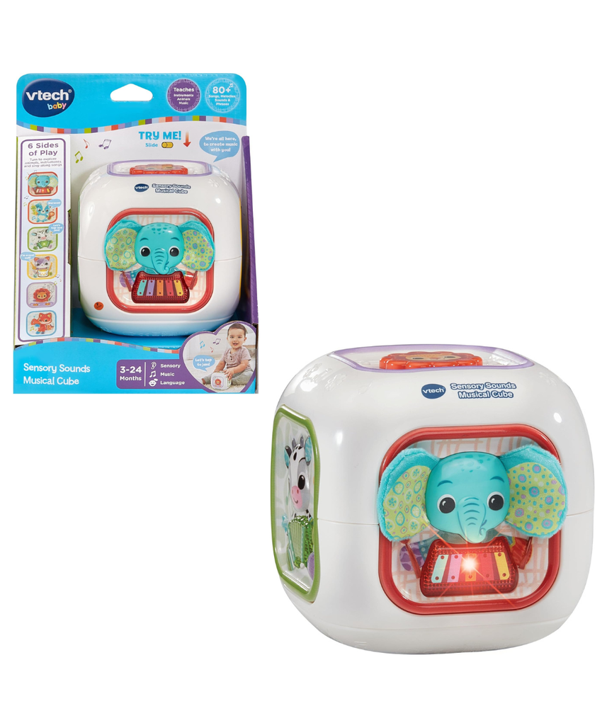 VTech Baby Sensory Sounds Musical Cube Interactive Learning Toy with Songs Textures Animals and Instruments Multicolor 3m+