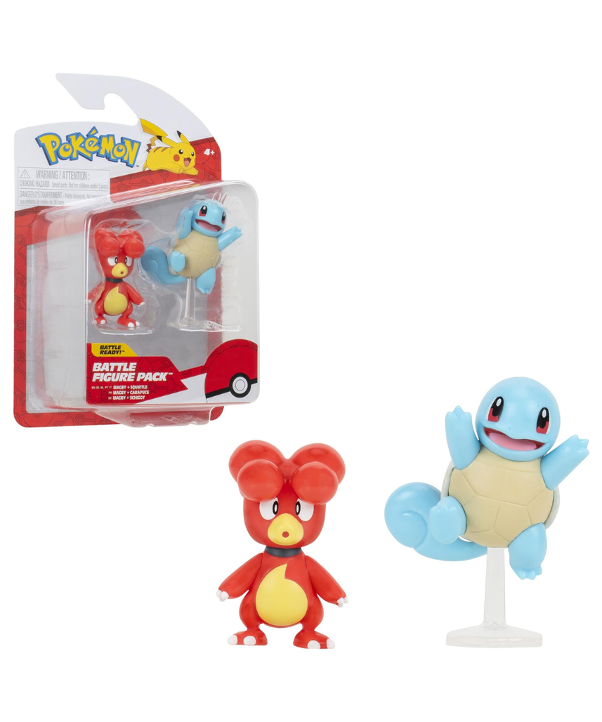 Pokemon Battle Figure Magby & Squirtle, Official Detailed Action Figures, Play Figurines for Kids, Toy Gift