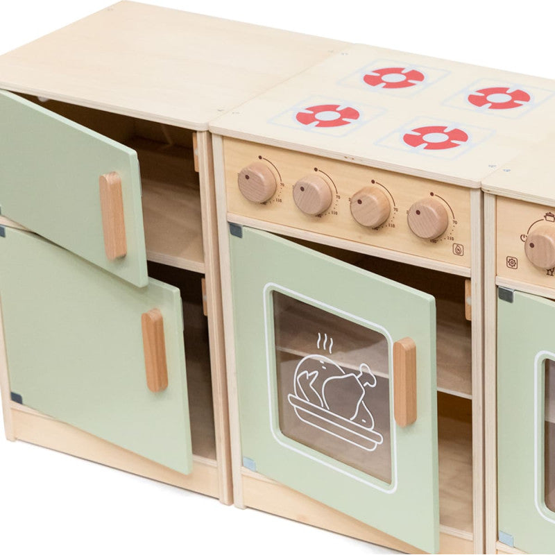 PolarB Sage Green Wooden Toddler Kitchen Playset for Ages 18 Months and Up, Includes Fridge, Stove, Sink, Dishwasher and Washing Machine, Encourages Imaginative and Social Play