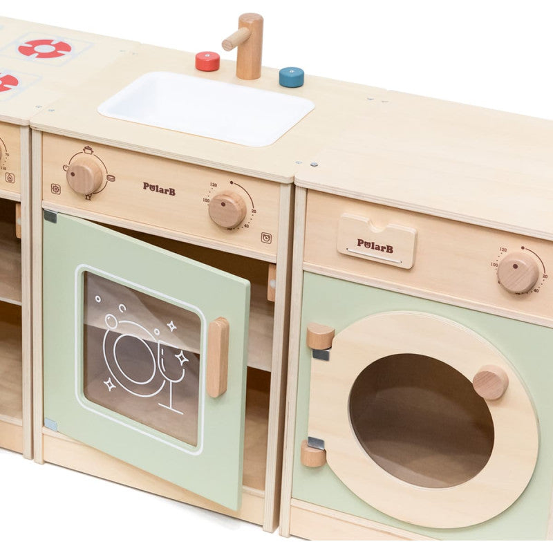 PolarB Sage Green Wooden Toddler Kitchen Playset for Ages 18 Months and Up, Includes Fridge, Stove, Sink, Dishwasher and Washing Machine, Encourages Imaginative and Social Play