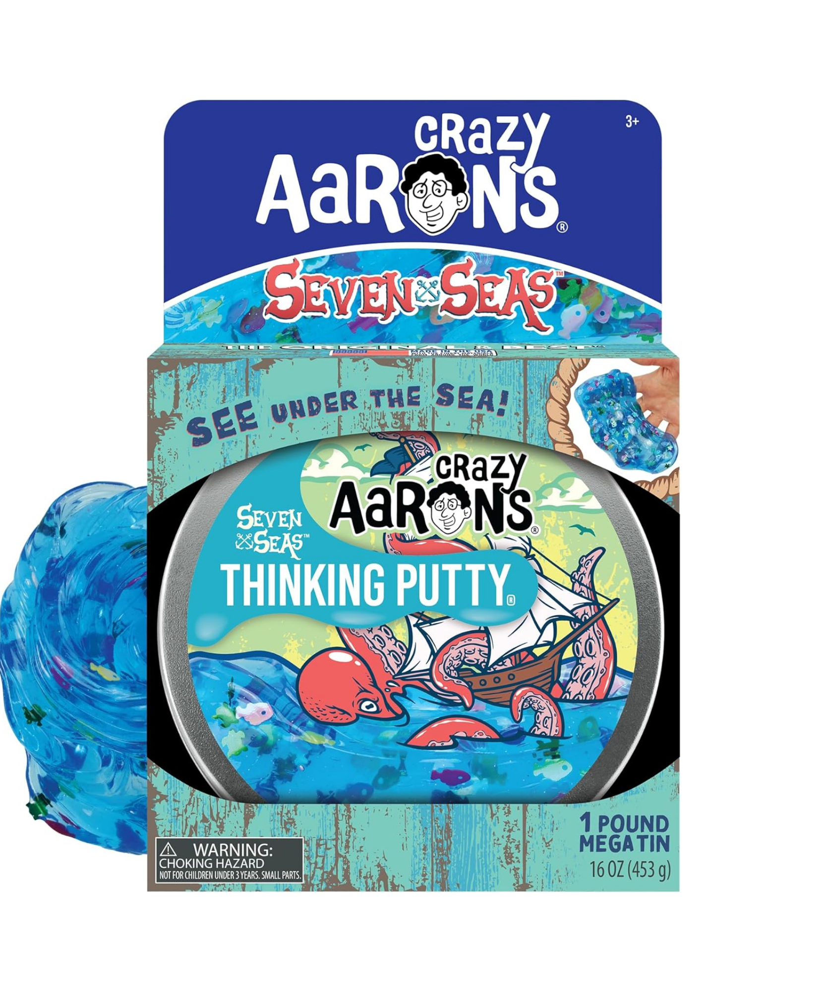 معجون التفكير Mega Tin Seven Seas Thinking Putty من Crazy Aaron، علبة 6.5 بوصة مع 450 جرام من معجون اللعب الحسي غير السام الذي لا يجف أبدًا، لعبة فيدجيت إبداعية ناعمة الملمس للأولاد والبنات من سن 3 سنوات فما فوق