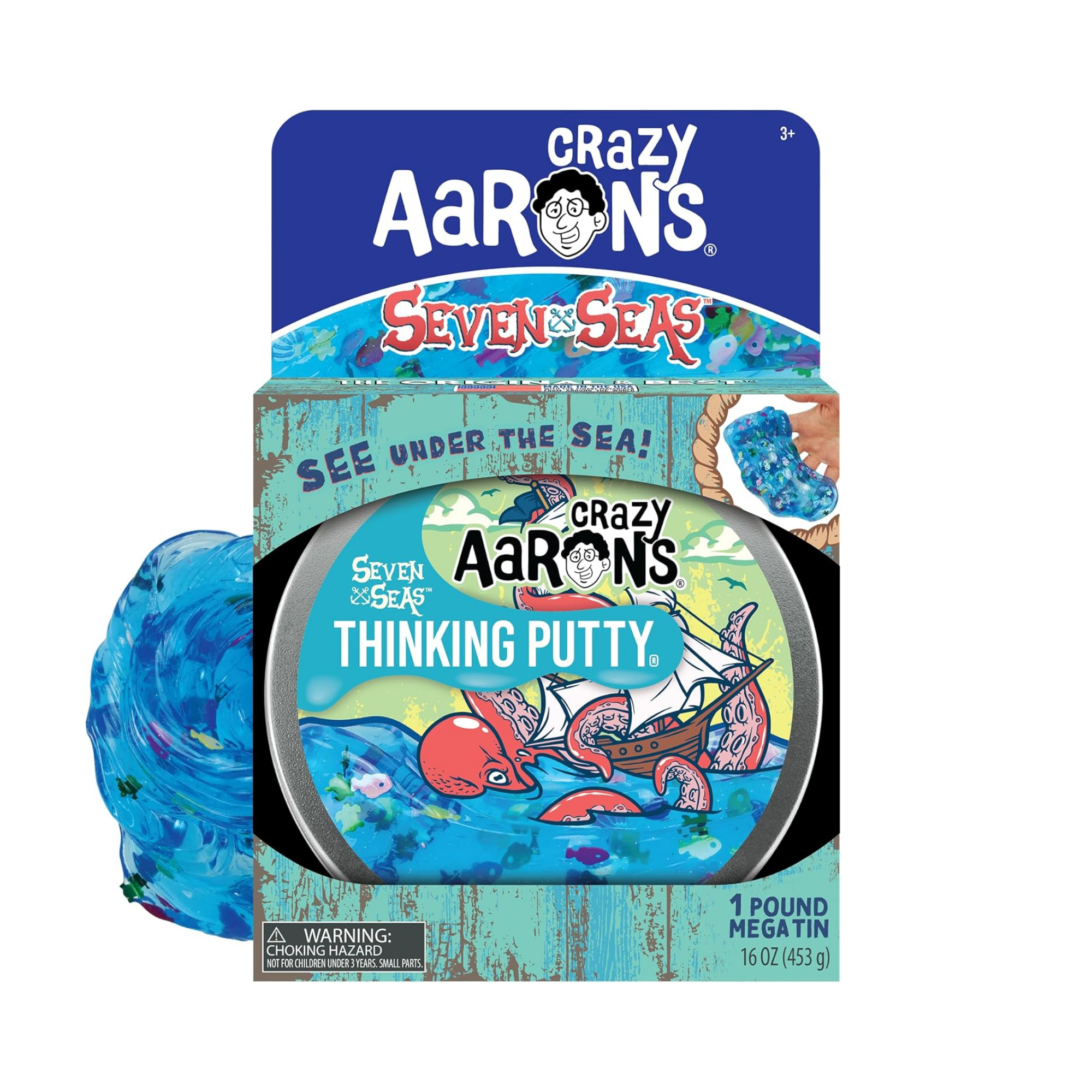 معجون التفكير Mega Tin Seven Seas Thinking Putty من Crazy Aaron، علبة 6.5 بوصة مع 450 جرام من معجون اللعب الحسي غير السام الذي لا يجف أبدًا، لعبة فيدجيت إبداعية ناعمة الملمس للأولاد والبنات من سن 3 سنوات فما فوق
