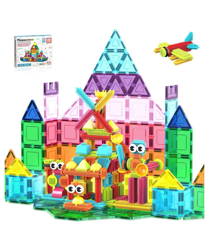 PicassoTiles Magnetic Tiles & Hedgehog 2-in1 Interlocking Brush Connector Magnet Building Blocks Construction Set Learning Playset STEM Toys Development Preschool Education Toy Toddler Age 3 Up PTE21