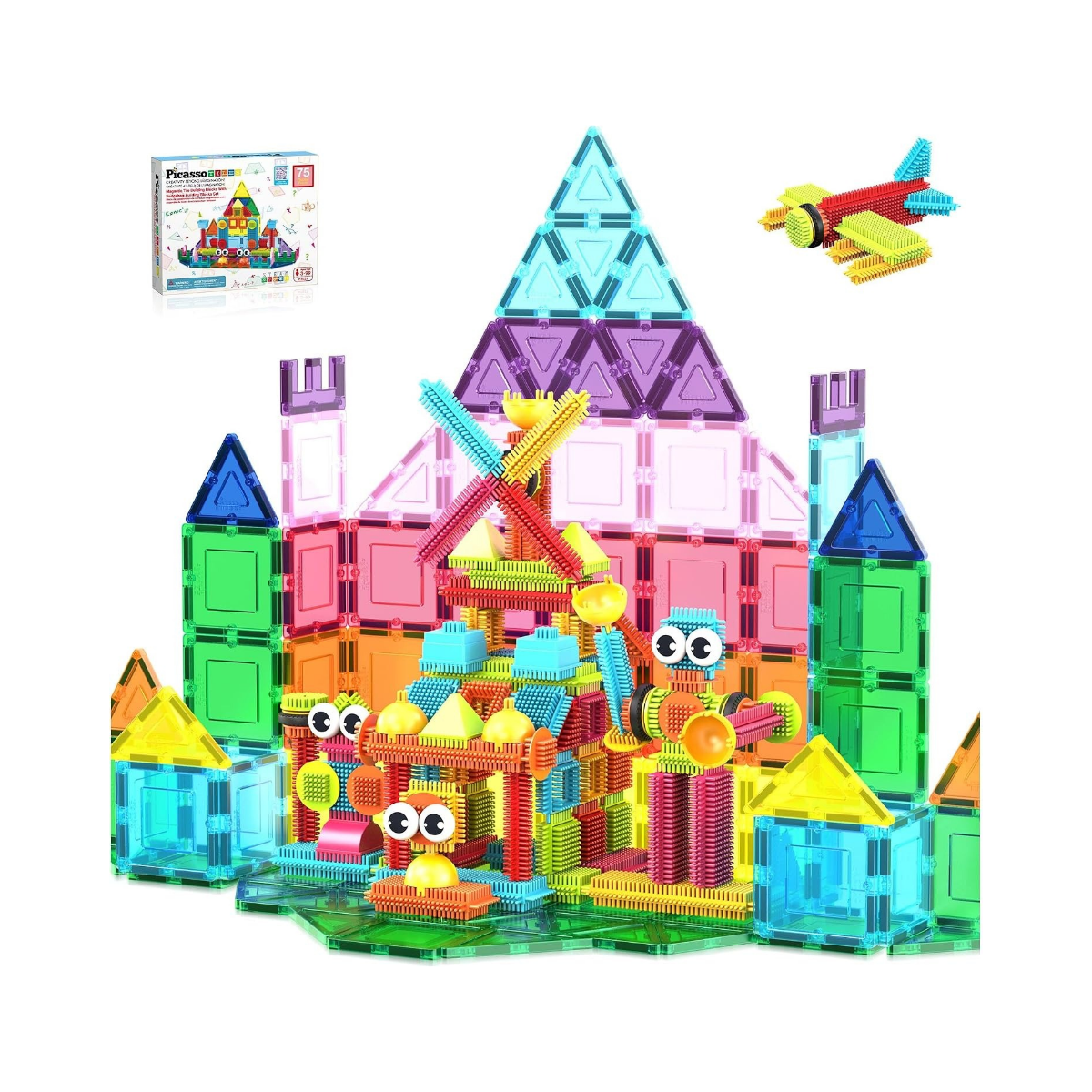 PicassoTiles Magnetic Tiles & Hedgehog 2-in1 Interlocking Brush Connector Magnet Building Blocks Construction Set Learning Playset STEM Toys Development Preschool Education Toy Toddler Age 3 Up PTE21