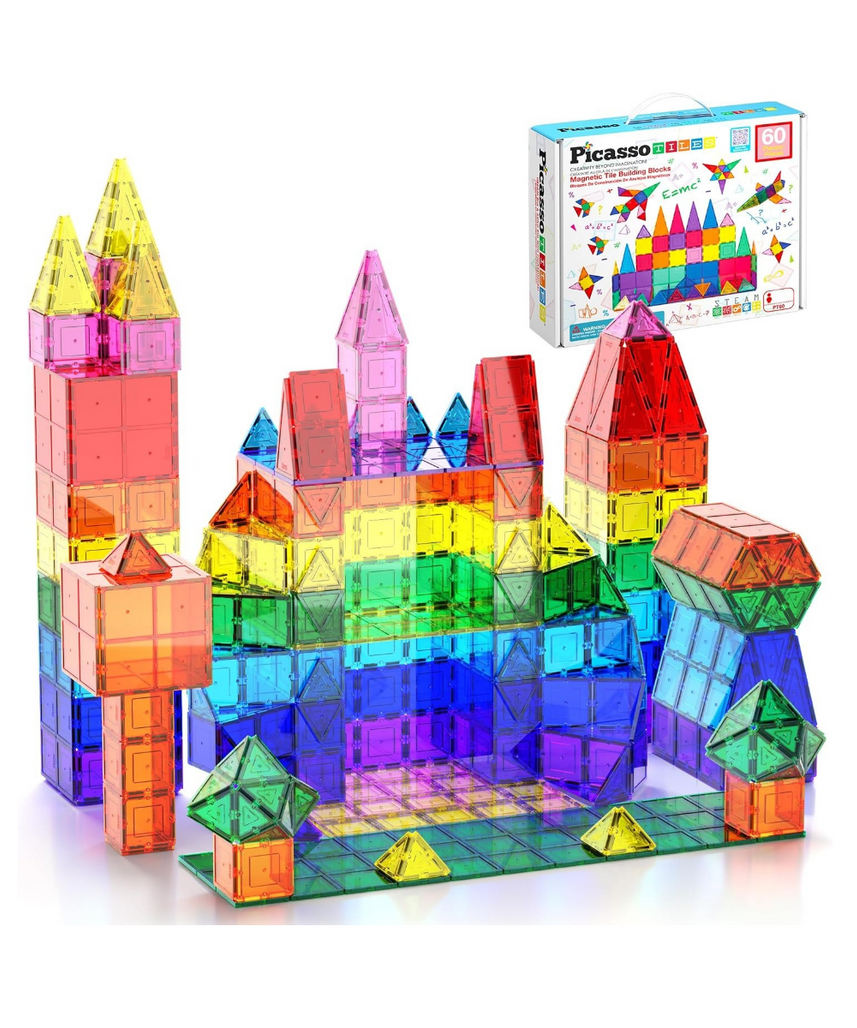 PicassoTiles Magnetic Tiles 60pcs Kids Toys Classroom Sensory Toy for Toddlers STEM Learning Building Blocks, Montessori Pretend Play Magnet Tile Construction Stacking Block Boys Girls Ages 3+ PT60