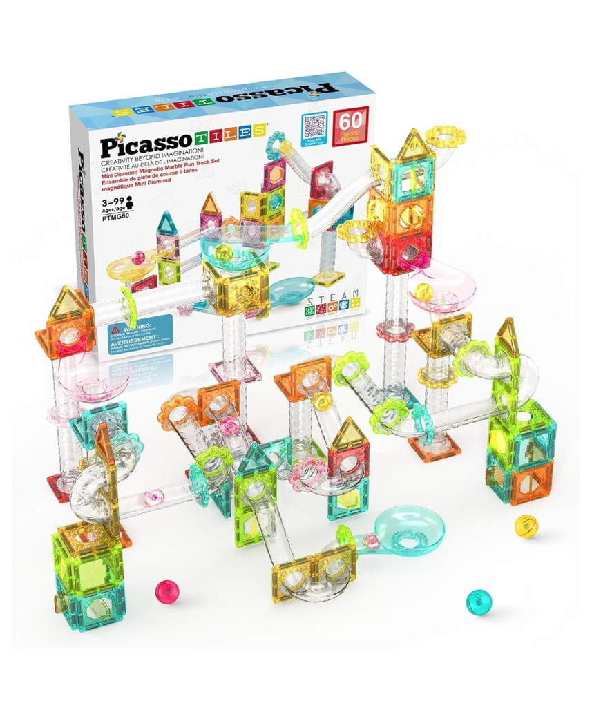 PicassoTiles 60 pc Magnet Tiles Building Block Travel Size Magnetic Marble Run Construction Toy Set Mini Diamond Marble RaceTrack Building Blocks Playset Education STEM Learning Kit Boy Girl 3+ PTMG60