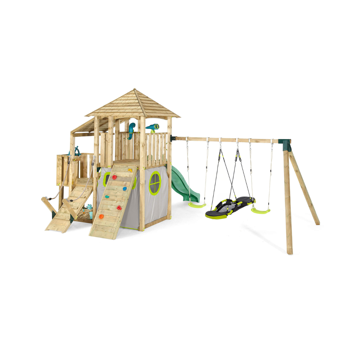 Plum® Bison Wooden Climbing Frame, FSC® Certified Garden Playcentre, Swings, Slides, Climbing Wall & Sand Pit, Outdoor Play Set, Ages 3+