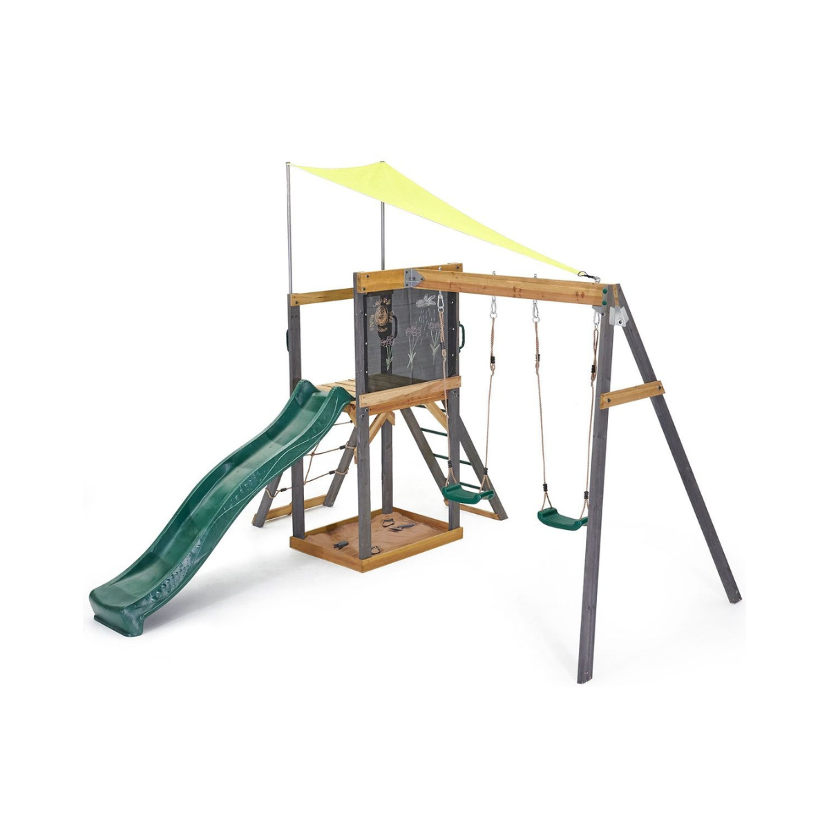 Plum® Siamang Wooden Playcentre, Swing and Slide Set, FSC® Certified Climbing Frame with Sandpit & Sunshade, Outdoor Play Set, Ages 3+
