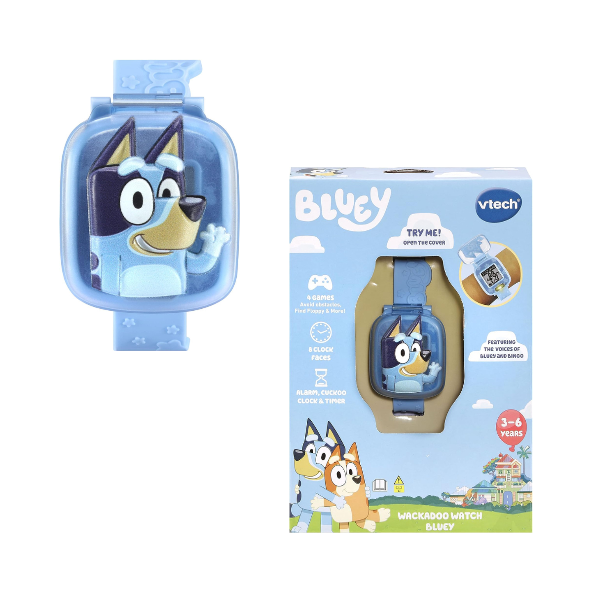 VTech Bluey Wackadoo Learning Watch Interactive Toddler Wristwatch with Stopwatch Timer Alarm Games Voice Guided by Bluey and Bingo Educational Role Play Toy for Kids Ages 3-6, Medium, Blue