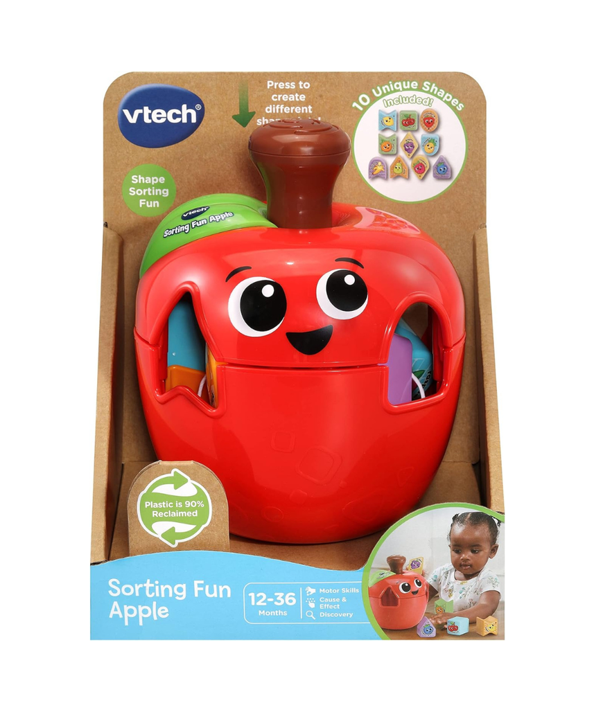 VTech 564603 Sorting Fun Apple Interactive Shape Sorter Toy with Spinning Fruit Shapes Educational Learning Toy for Toddlers 12-36 Months Made from 90% Reclaimed Plastic Includes 10 Shape Pieces and Quick Start Guide Multicolor