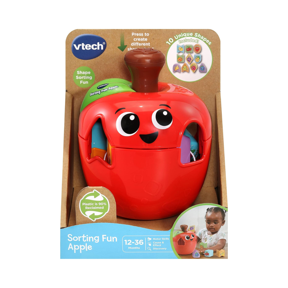 VTech 564603 Sorting Fun Apple Interactive Shape Sorter Toy with Spinning Fruit Shapes Educational Learning Toy for Toddlers 12-36 Months Made from 90% Reclaimed Plastic Includes 10 Shape Pieces and Quick Start Guide Multicolor