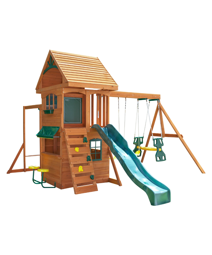 KidKraft Ridgeview Deluxe Clubhouse Wooden Swing Set/Playset with High-Rail Wave Slide, Rock Wall, Monkey Bars, Glider and Café Area, Outdoor Backyard Playset for Kids Ages 3 to 10