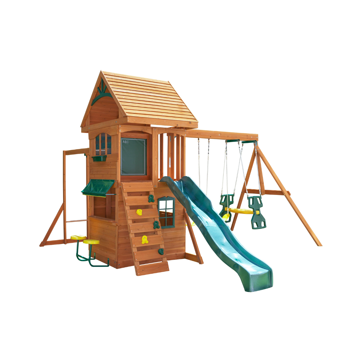 KidKraft Ridgeview Deluxe Clubhouse Wooden Swing Set/Playset with High-Rail Wave Slide, Rock Wall, Monkey Bars, Glider and Café Area, Outdoor Backyard Playset for Kids Ages 3 to 10