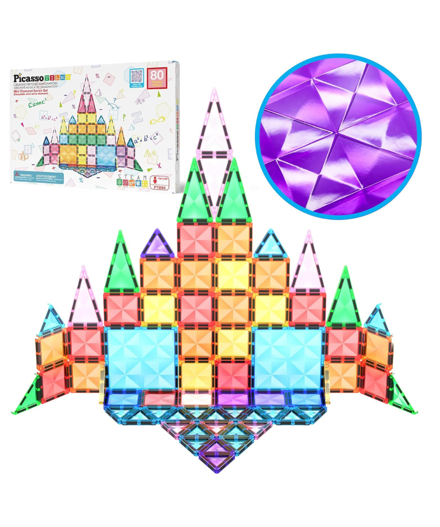 PicassoTiles 80 Piece Magnetic Building Block Mini Diamond Series – Travel Size On-The-Go STEM Construction Toy for Kids 3+