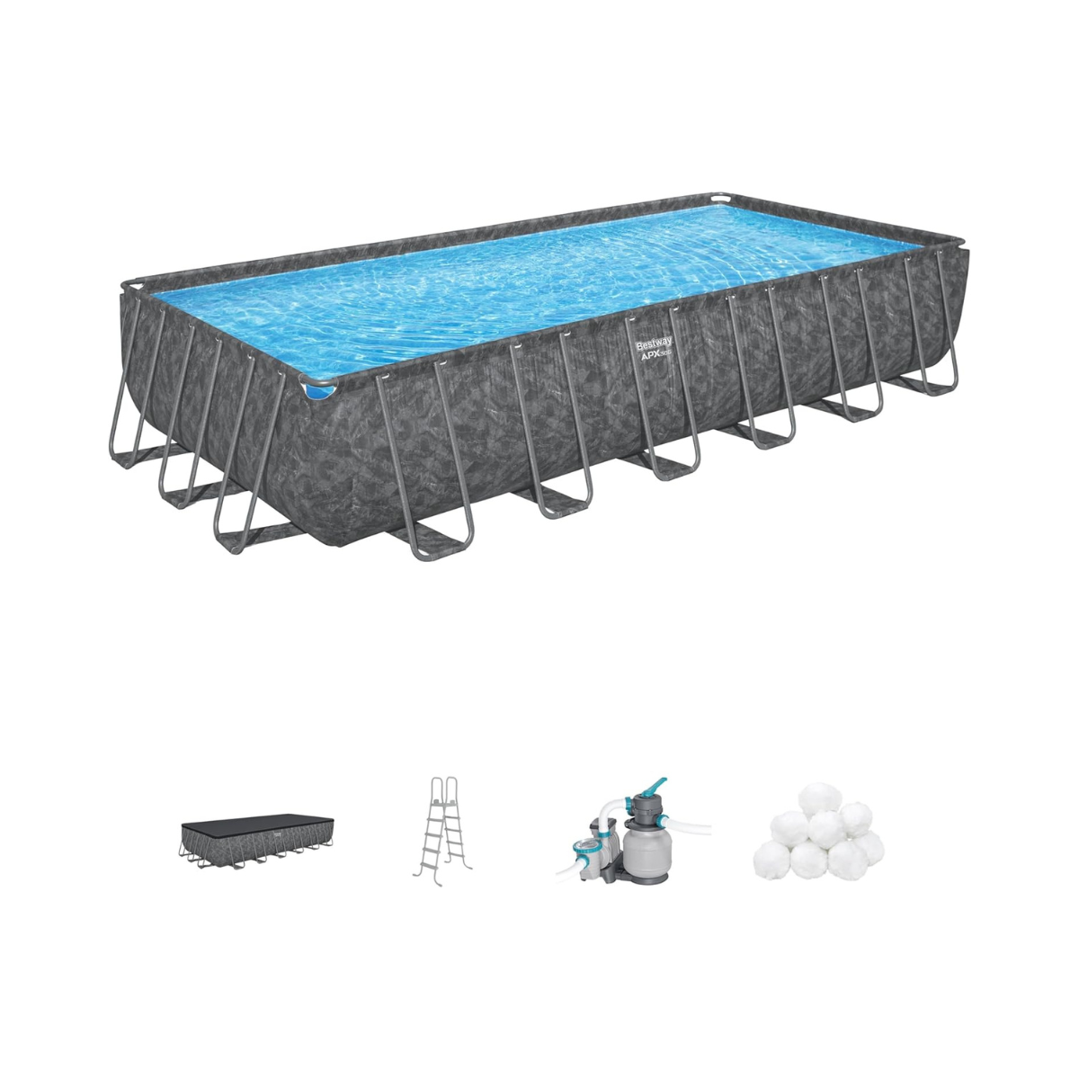 Bestway Power Steel™ APX 365 Rectangular Above Ground Pool Set 24 ft x 12 ft x 52 in (7.32m x 3.66m x 1.32m) – Year-Round Steel Frame Swimming Pool with Sand Filter Pump, Ages 18+