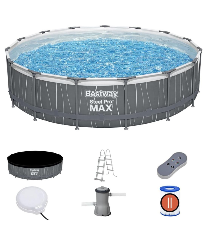 Bestway Steel Pro Max™ Round Frame Swimming Pool with LED Light & Filter Pump, 15 ft (4.57m x 1.07m) – Above Ground Pool Set, Grey, Ages 18+