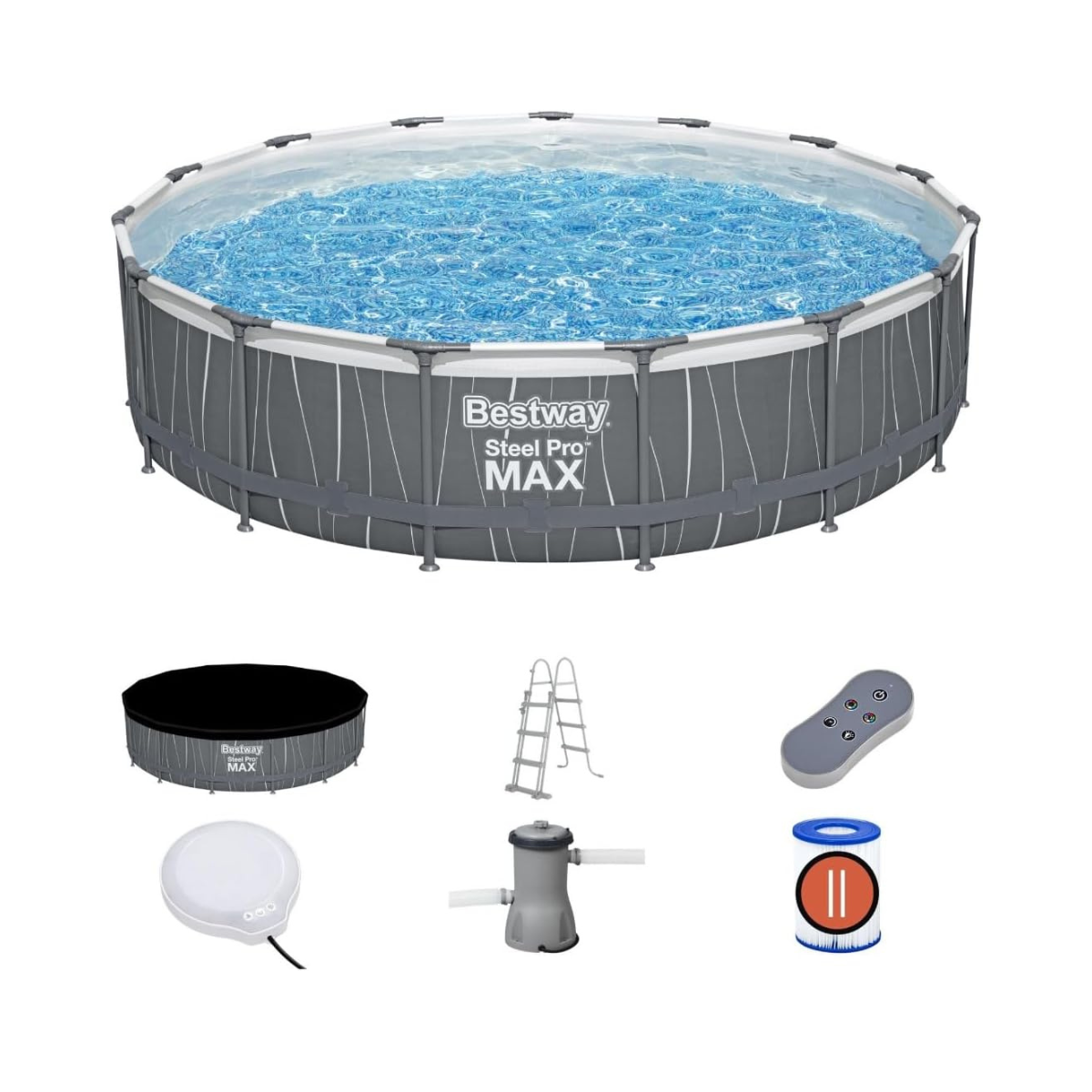 Bestway Steel Pro Max™ Round Frame Swimming Pool with LED Light & Filter Pump, 15 ft (4.57m x 1.07m) – Above Ground Pool Set, Grey, Ages 18+