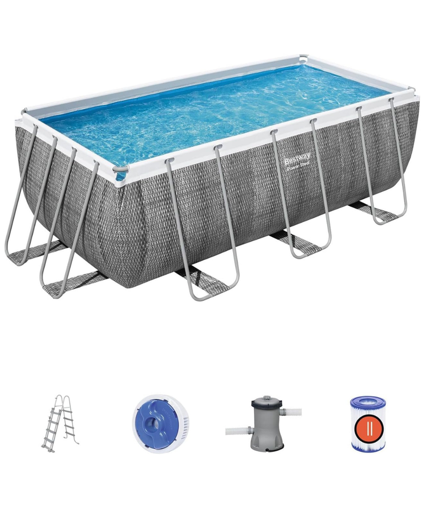 Bestway Power Steel™ Rectangular Above Ground Pool Set 13'6" x 6'7" x 48" (4.12m x 2.01m x 1.22m), Grey Rattan Design, Filter Pump & Ladder Included – Ages 18+
