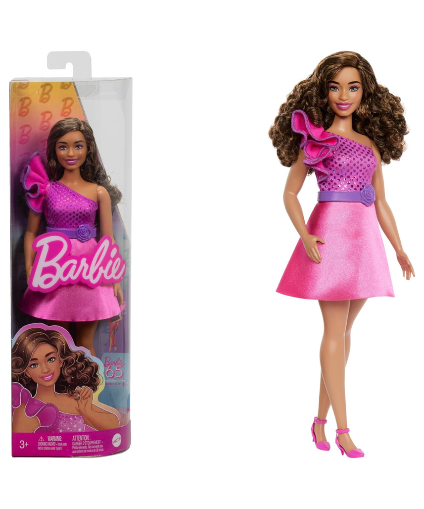 Barbie Fashionistas Doll #225, Curvy Body Type with Brown Hair, Pink Sparkly Dress & Accessories, 65th Anniversary Collectible Fashion Doll