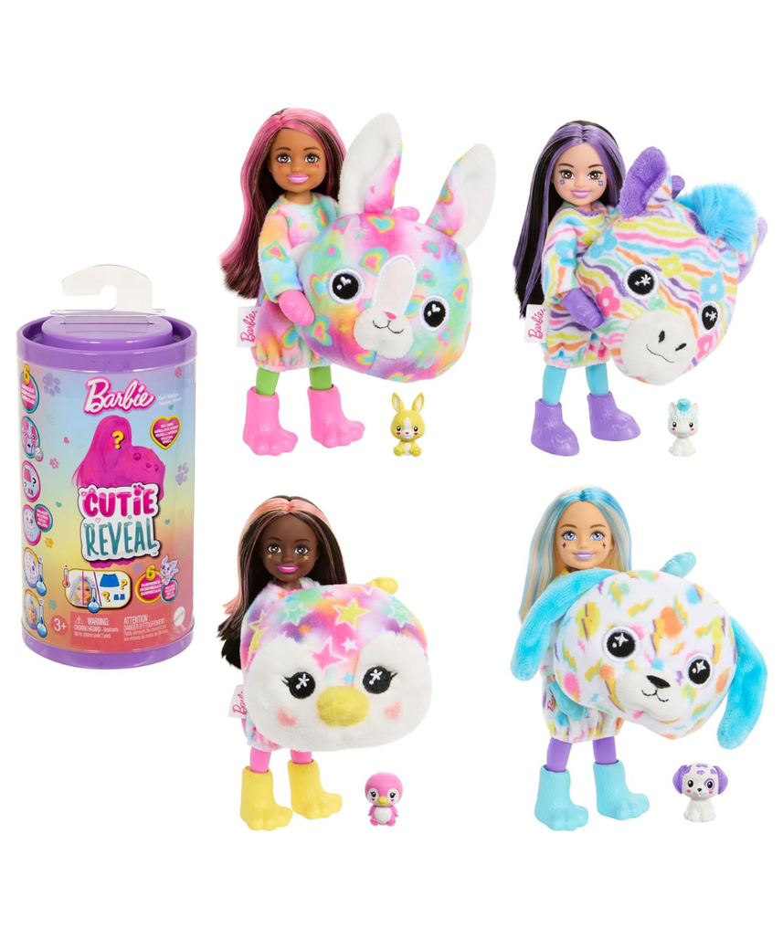 Barbie Cutie Reveal Chelsea Doll & Accessories, Color Dream Series Small Doll in Animal Plush Costume with 6 Surprises Including Color Change (Styles May Vary)