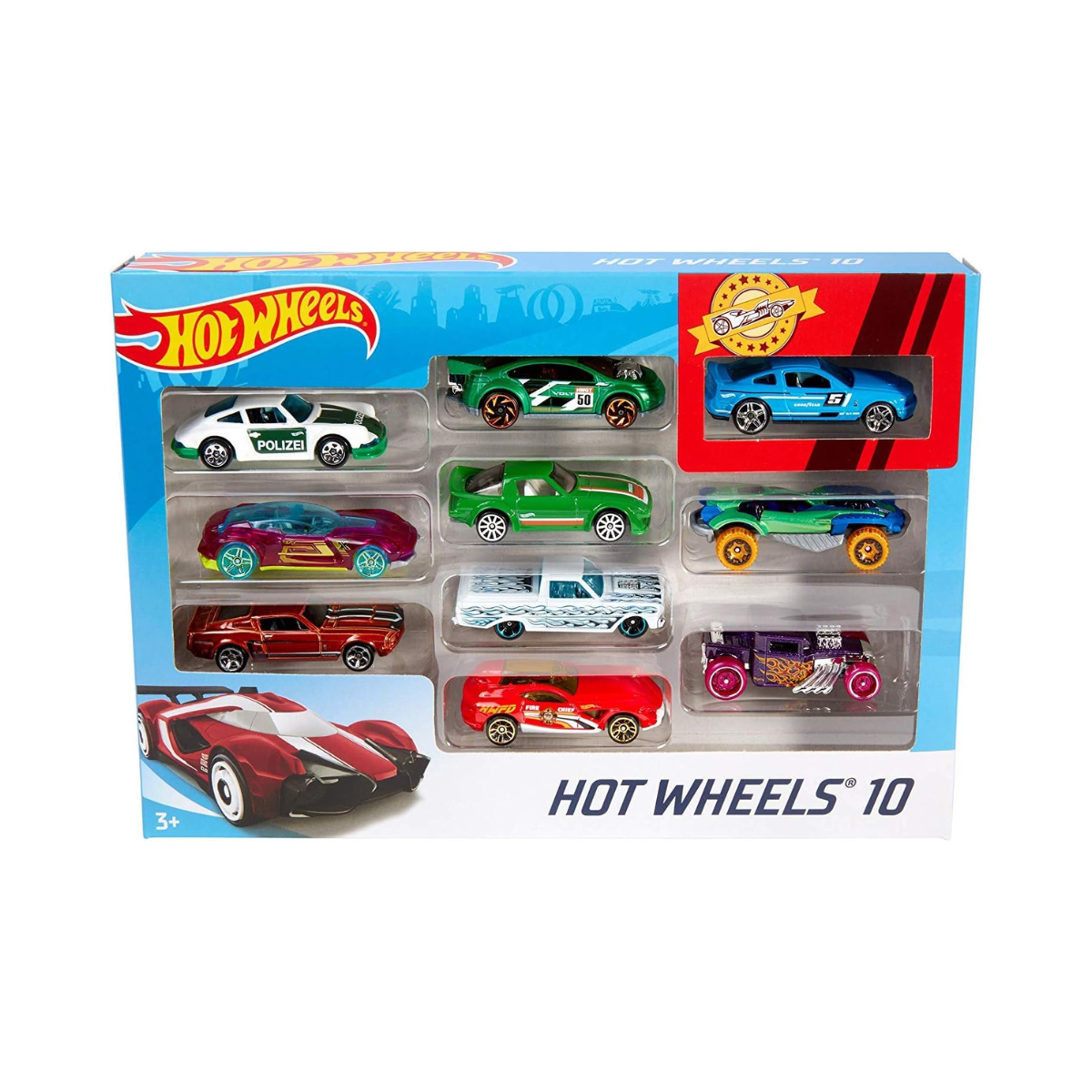Hot Wheels Set of 10 Plastic Toy Cars with Pull-Back Action, Mini Vehicles for Kids Play and Motor Skills, 3+