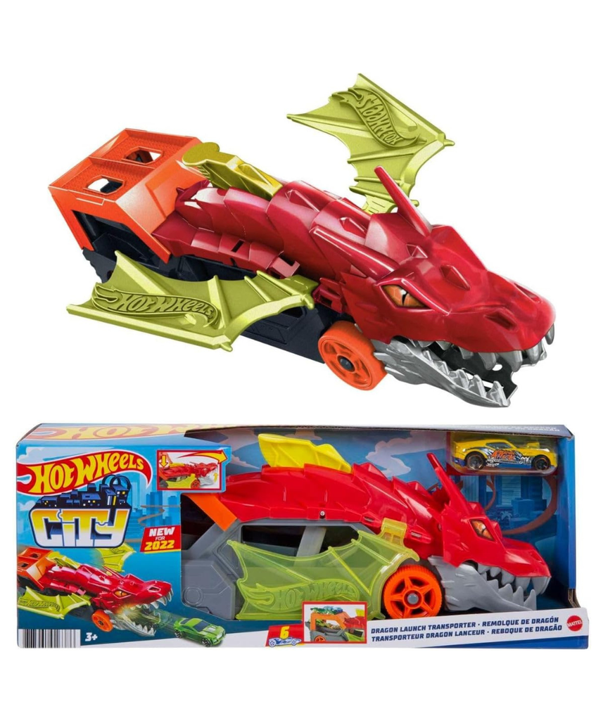 Hot Wheels City Dragon Launch Transporter Playset with Vehicle Launcher and Storage, 1:64 Scale, Interactive Toy for Kids 3+