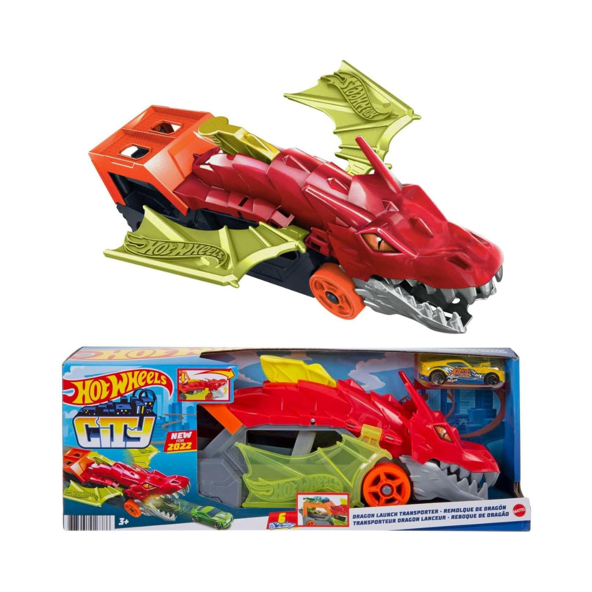 Hot Wheels City Dragon Launch Transporter Playset with Vehicle Launcher and Storage, 1:64 Scale, Interactive Toy for Kids 3+