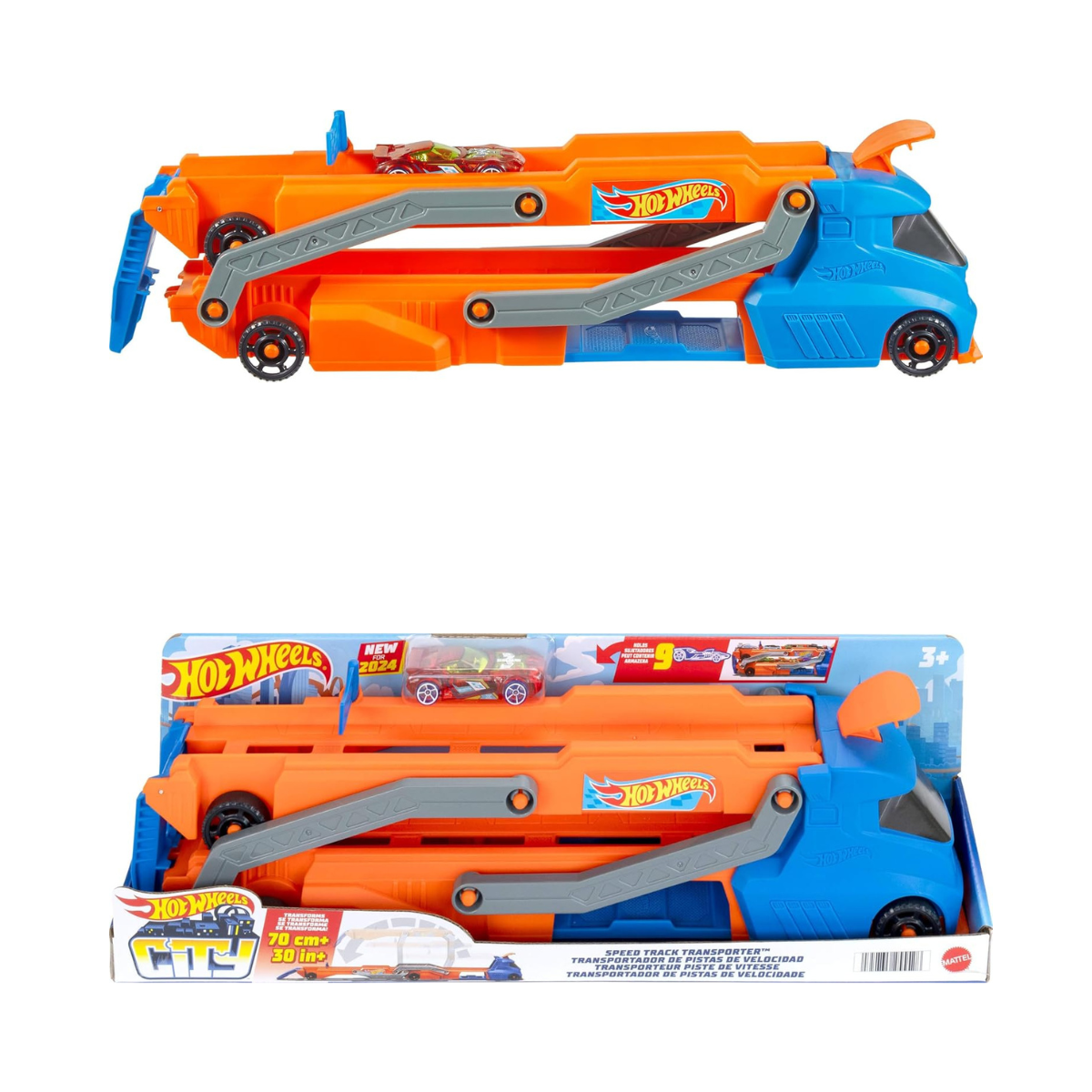 Hot Wheels Speed Track Transporter Truck & Raceway Playset with 1:64 Scale Car, Transforms into 2.5+ Ft Track, Stores 9 Cars, Manual Launcher, Kids Toy 4+