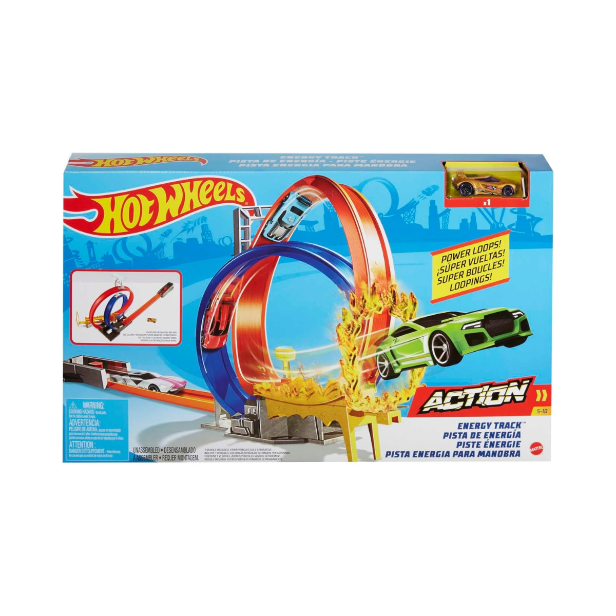 Hot Wheels Energy Track Set with Double Loop, Ring of Fire & 1 Vehicle – 5+ Years
