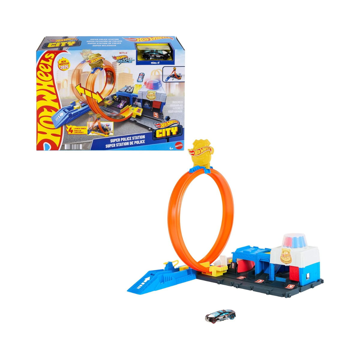 Hot Wheels Toy Car Track Set, Super Police Station Playset, Adjustable Loop Track with Multiple Racing Paths, Includes 1:64 Die-Cast Vehicle, 4+ Years