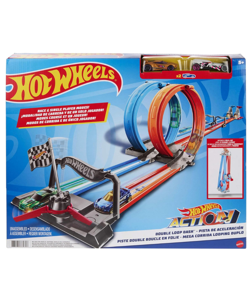 Hot Wheels Double Loop Dash Track Set, Side by Side Drag Race Track with Double Loop Stunt, Includes 2 Hot Wheels 1:64 Scale Cars, 5+ Years