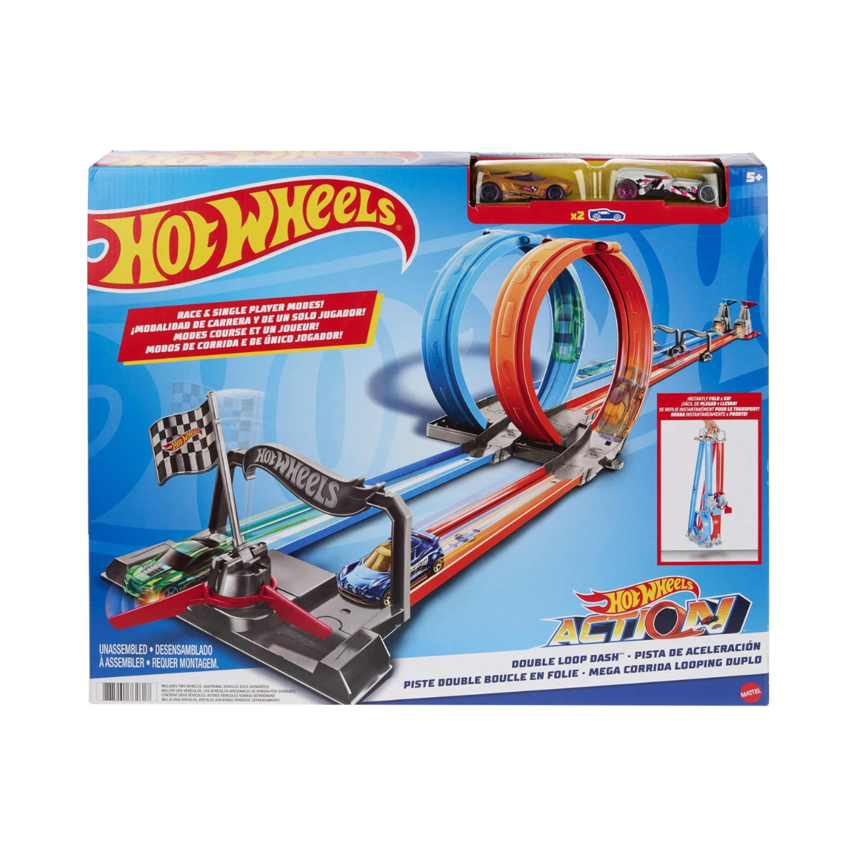 Hot Wheels Double Loop Dash Track Set, Side by Side Drag Race Track with Double Loop Stunt, Includes 2 Hot Wheels 1:64 Scale Cars, 5+ Years