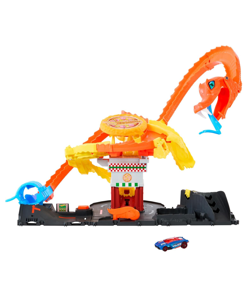 Hot Wheels City Pizza Slam Cobra Attack Playset, Interactive City Track Set with Random Action Paths, Includes 1:64 Scale Die Cast Toy Car, 4+ Years