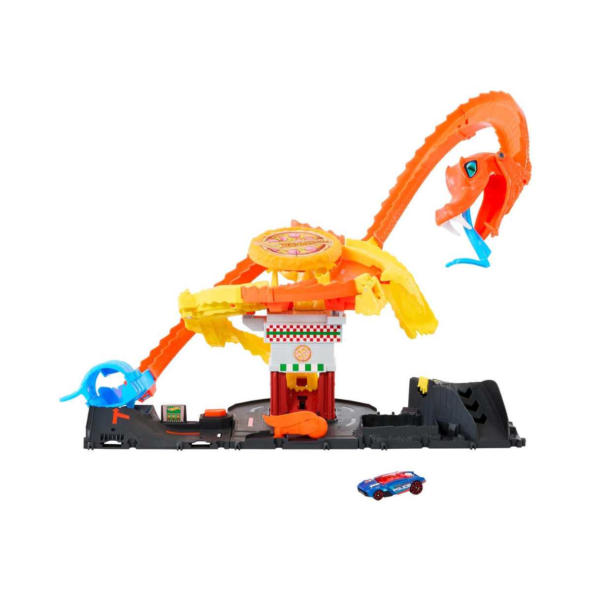 Hot Wheels City Pizza Slam Cobra Attack Playset, Interactive City Track Set with Random Action Paths, Includes 1:64 Scale Die Cast Toy Car, 4+ Years