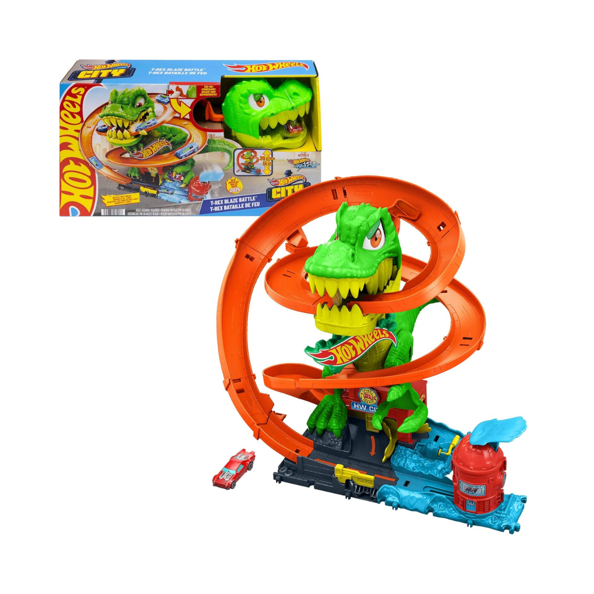 Hot Wheels Toy Car Track Set, City T Rex Blaze Battle Fire Station Playset with 1:64 Scale Die Cast Fire Truck, Interactive Dinosaur Action, 4+ Years