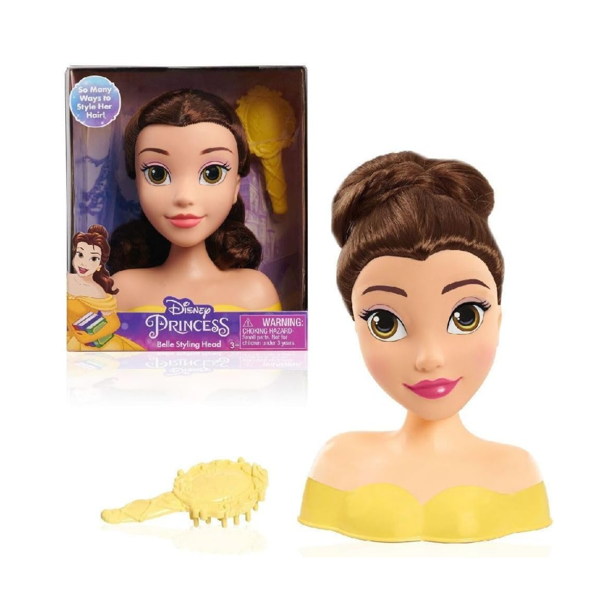 Just Play Disney Beauty and The Beast Belle Mini Styling Head Doll, Girls Pretend Play Hair Styling Toy Set with Brush, Kids Toys Age 3+
