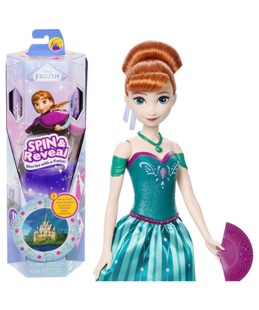Mattel Disney Frozen Anna Fashion Doll Set Spin & Reveal with 11 Surprises Including 5 Accessories, 5 Stickers and a Play Scene Inspired by Disney Movie JBG60