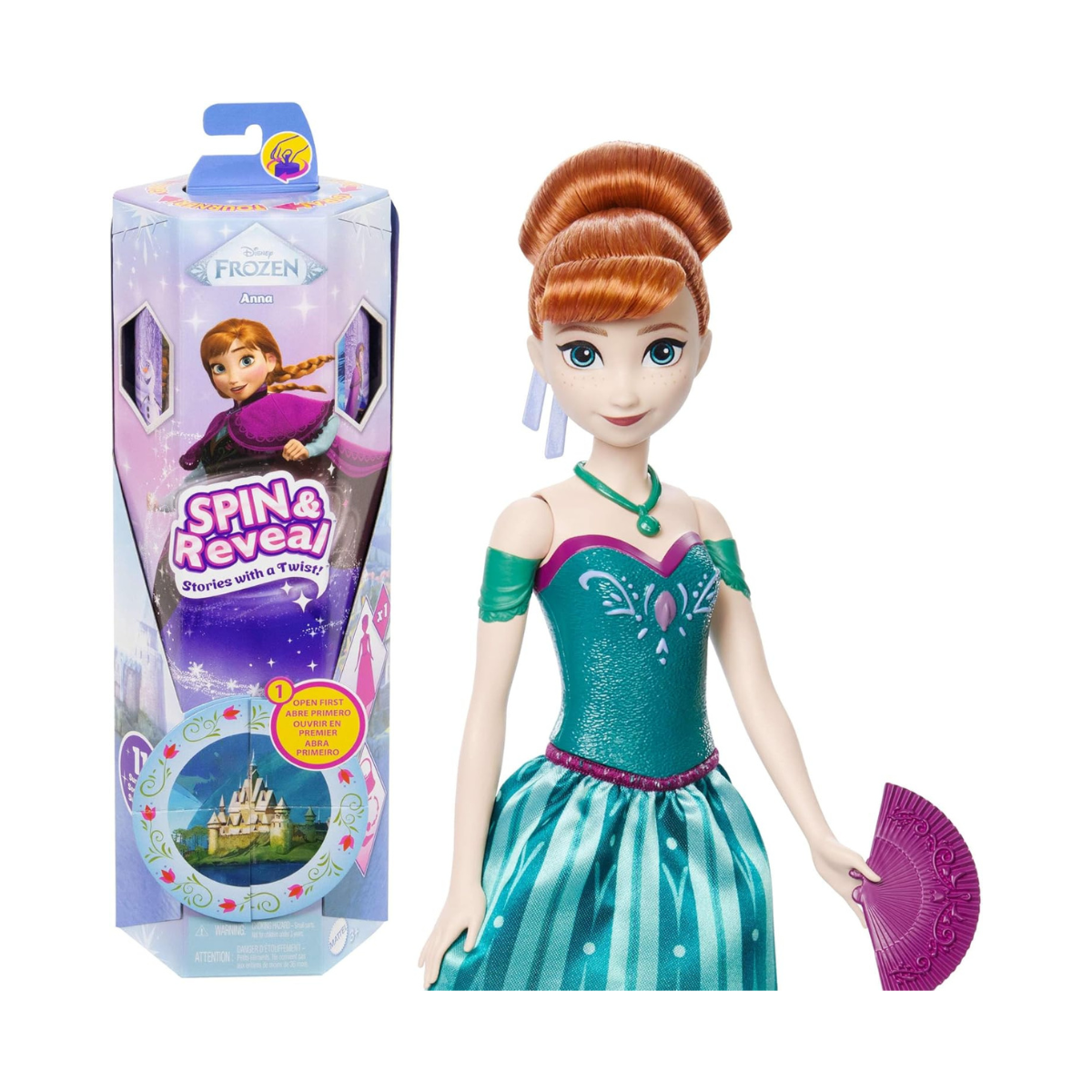 Mattel Disney Frozen Anna Fashion Doll Set Spin & Reveal with 11 Surprises Including 5 Accessories, 5 Stickers and a Play Scene Inspired by Disney Movie JBG60