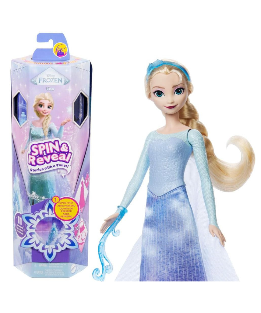 Mattel Disney Frozen Elsa Fashion Doll Set Spin & Reveal with 11 Surprises Including 5 Accessories, 5 Stickers and a Play Scene Inspired by Disney Movie JBG59