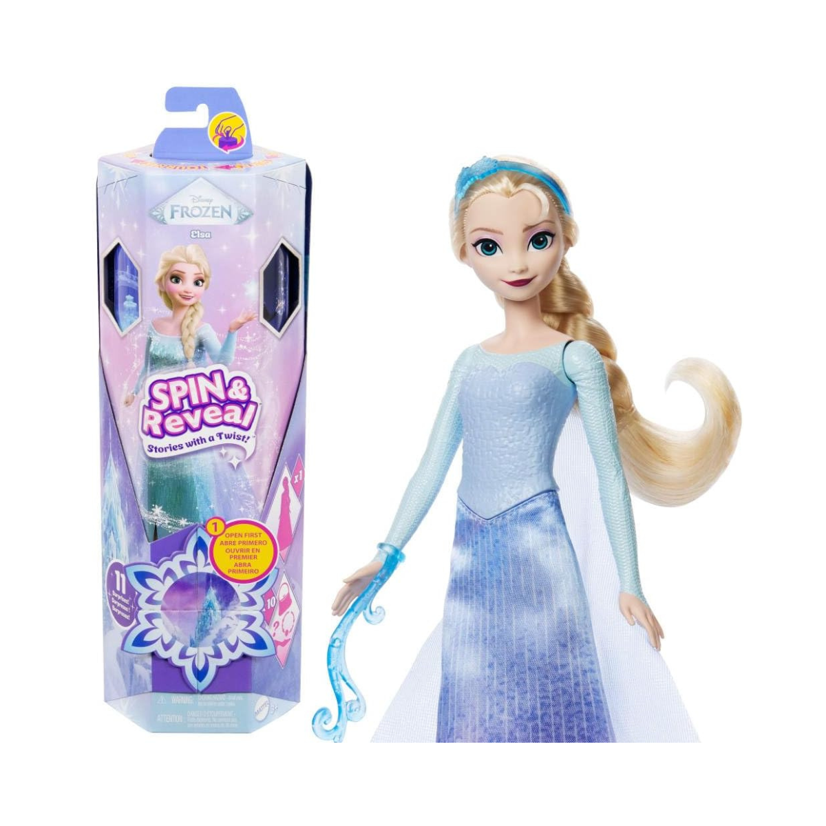 Mattel Disney Frozen Elsa Fashion Doll Set Spin & Reveal with 11 Surprises Including 5 Accessories, 5 Stickers and a Play Scene Inspired by Disney Movie JBG59