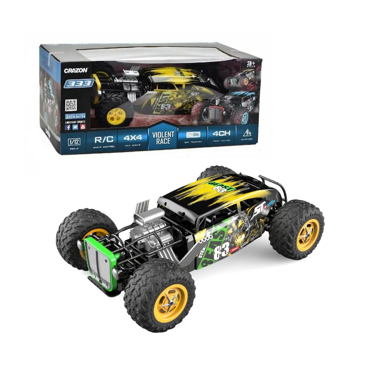 Crazon Beast 83 Off-Road RC Car 1:10 Scale, 2.4GHz Remote Control, 360° Stunt Rotation, USB Rechargeable, 8+