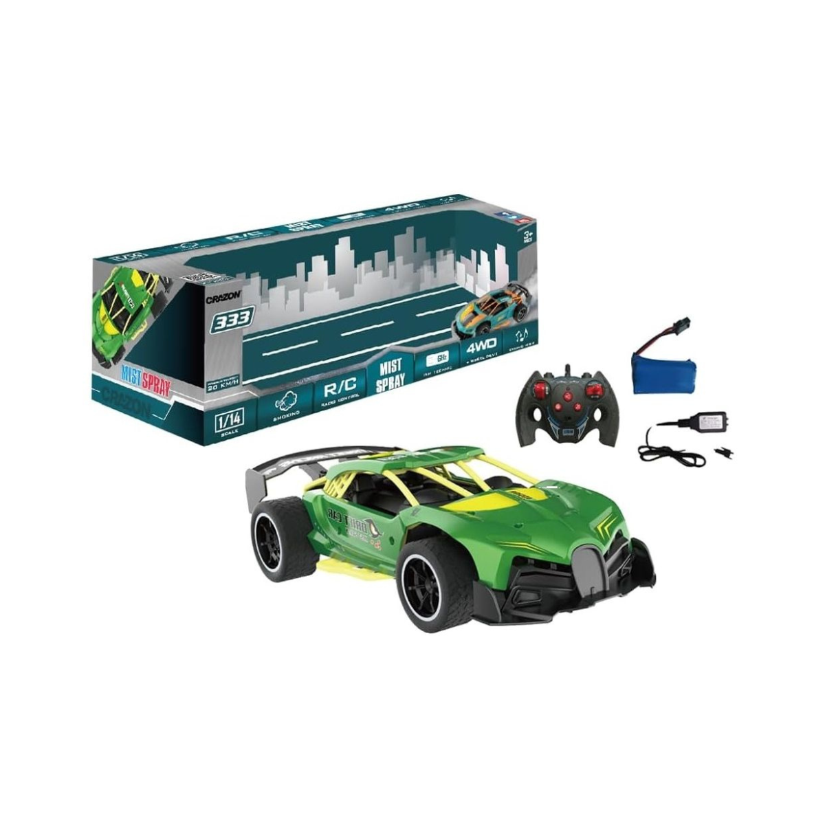 Crazon 1:14 Scale High-Speed Green Drift RC Car with Smoke Effects, Sound, 4-Direction Remote Control, Rechargeable Battery, for Kids 3+