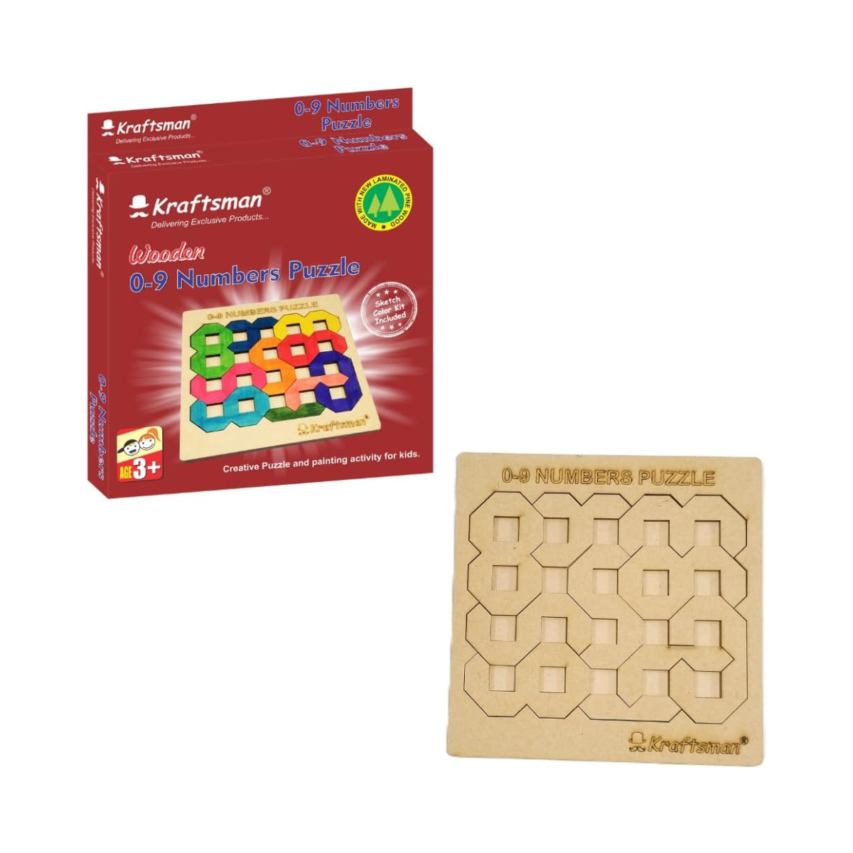 Kraftsman Color Your Own Numbers Puzzle 0–9, DIY Wooden Coloring Puzzle Kit for Kids, Learn Numbers, Creative Art & Learning Toy, Age 4+