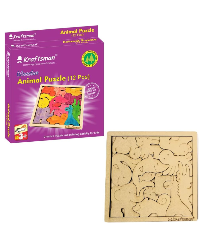 Kraftsman Color Your Own Wooden Animal Puzzle with Sketch Color Kit, DIY 12 Piece Creative Coloring Jigsaw for Kids, 4+ Years