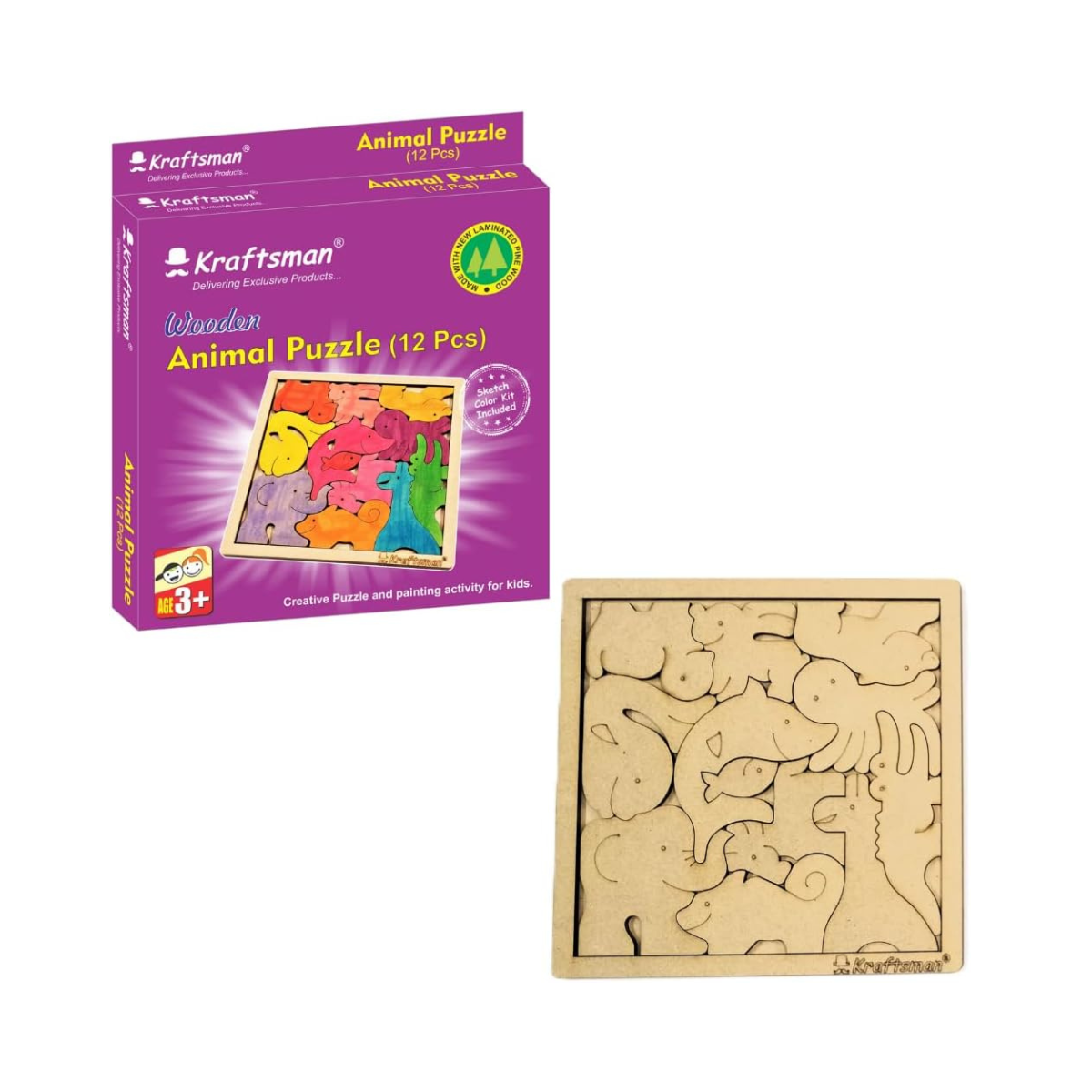 Kraftsman Color Your Own Wooden Animal Puzzle with Sketch Color Kit, DIY 12 Piece Creative Coloring Jigsaw for Kids, 4+ Years