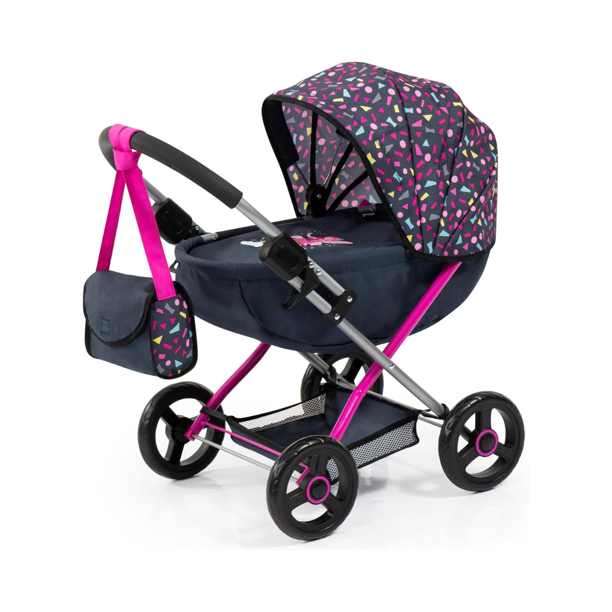 Bayer Pram Set Smarty for 46cm Dolls, Foldable Doll Stroller with Blanket, Pillow, and Integrated Basket, Role Play Toy for Kids, 3Y+ Years