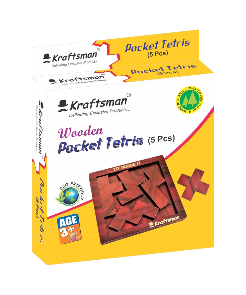 Pocket Puzzle Mini Tetris 5-Piece Wooden Brain Teaser Compact Travel Logic Game for Kids and Adults Ages 4+
