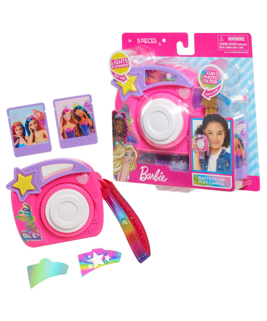 كاميرا باربي فوتو فيلتر للعب، لعبة توجيه وإطلاق النار للأطفال من سن 3 إلى 10 سنوات، تتضمن فلاش النجوم، وحقيبة قوس قزح، ومرشحين للتأثيرات، وصور للعب، وألعاب تعليمية وخيالية