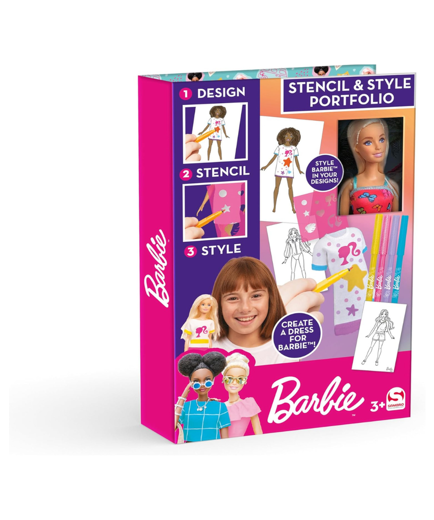 Barbie Stencil and Style With Doll, Creative Drawing and Dress Designing Set, Includes Felt Tips Stencil and 28 Design Pages, Portable Craft Activity for Kids, No Batteries Required, Model BRB-5688-SI-FO